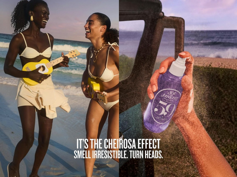 Two women playing guitar on a beach with a bottle of sunscreen labeled 'The Cheirosa Effect' held by a hand.