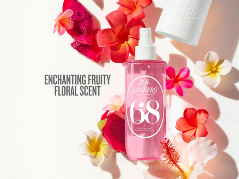 Pink spray bottle with floral design and text on a white background