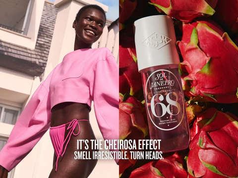 Person in pink outfit with Sol de Janeiro perfume bottle on dragon fruit