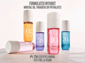 Set of skincare bottles with different colored caps on a white background, featuring text about product ingredients and certifications.