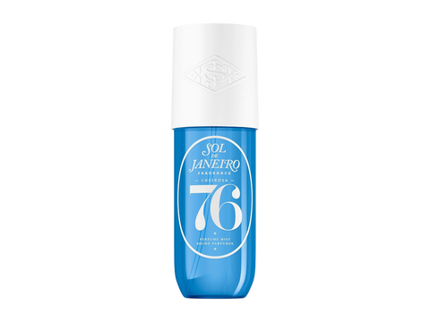 Blue and white bottle of Sol de Janeiro perfume on a white background