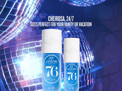 Two bottles of Sol Janeiro 76 with disco ball background