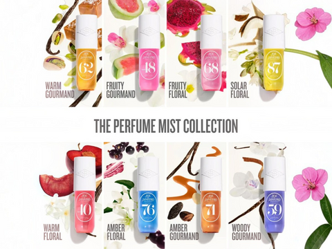 Perfume mist collection with various scents and colorful packaging on a white background.