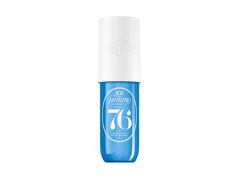Blue and white bottle with '76' on a white background