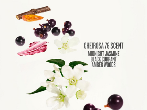 Floral and fruit elements with text indicating Cheirosa 76 scent composition on a white background