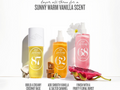 Three skincare products with labels and a description of their scents on a white background.