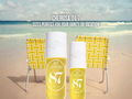 Two bottles of Sol de Janeiro sunscreen with beach chairs and ocean in the background