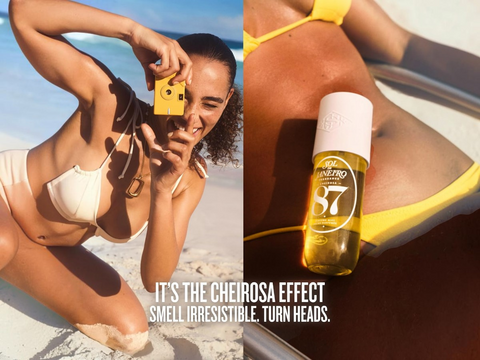 Woman on beach with bottle of perfume labeled '87', text 'Cheirosa Effect'.