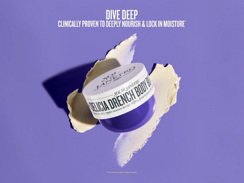 Purple body butter jar with white label on a purple background, featuring text about clinical proven benefits.