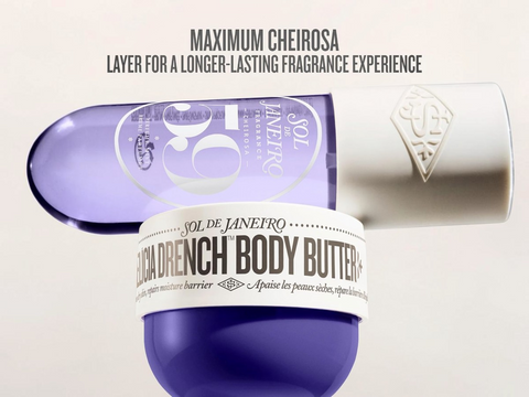 Blue and white body butter with Sol de Janeiro branding on a light beige background