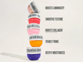 Stack of colorful cream jars with text highlighting their benefits on a white background