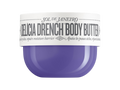Purple body butter container with white label on a white background