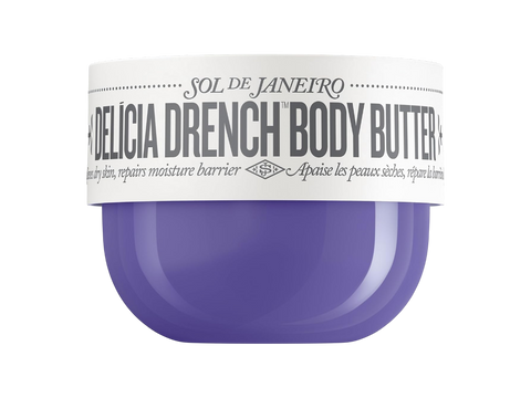 Purple body butter container with white label on a white background