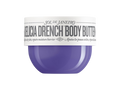 Purple body butter container with white label on a white background