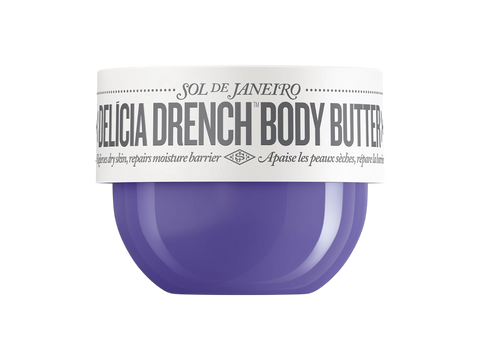 Purple body butter container with white label on a white background