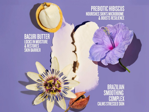 Cosmetic product with flowers and text on a purple background
