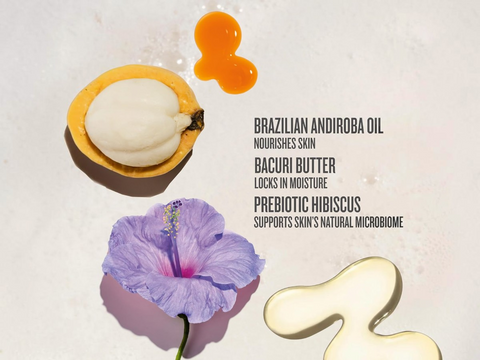 Cosmetic product with ingredients listed on a light background