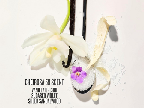 Vanilla orchid scented product with white flowers and a purple flower on a light background