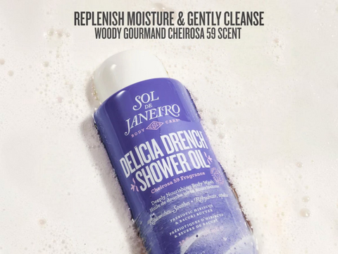 Sol de Janeiro Delicia Drench Shower Oil bottle on a textured white background