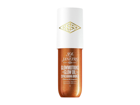Glow oil bottle with white cap and bronze body on a white background