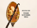Spoon with salted caramel, vanilla beans, and pistachios on a beige background