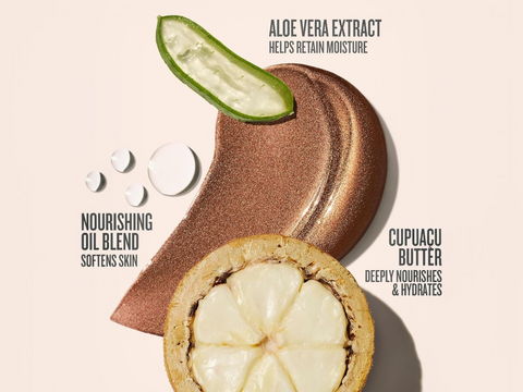 Cosmetic product with aloe vera, cupuaçu butter, and nourishing oil blend on a beige background.
