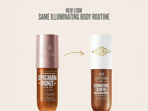 Two bottles of Sol de Janeiro Glow Oil with a beige background and text indicating a new look.