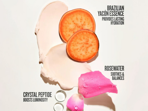 Product packaging with Brazilian Yacon Essence, Rosewater, and Crystal Peptide on a light background.