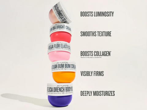 Stack of colorful cream jars with text highlighting their benefits on a white background