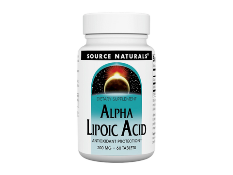 Bottle of Source Naturals Alpha Lipoic Acid dietary supplement on a white background