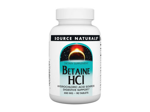 Bottle of Source Naturals Betaine HCl supplement on a white background