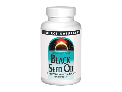 Bottle of Source Naturals Black Seed Oil on a white background