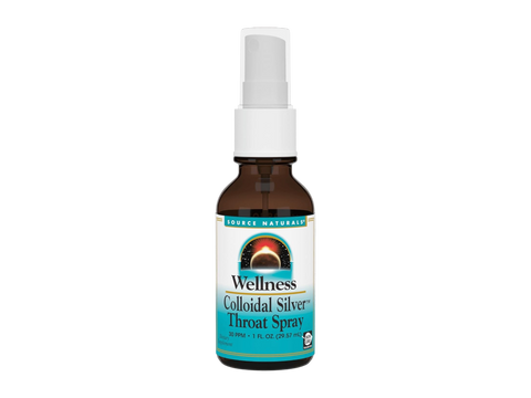 Bottle of Wellness Colloidal Silver Throat Spray on a white background