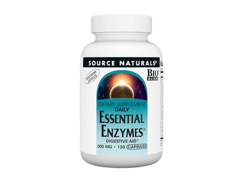 Bottle of Source Naturals Essential Enzymes supplement on a white background