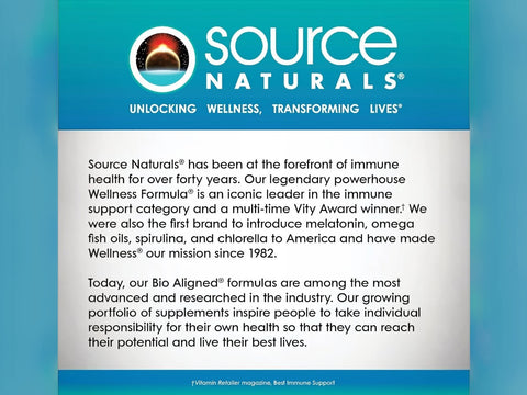 Source Naturals advertisement with text about their history and mission.