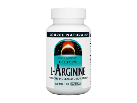 Supplement bottle labeled 'L-Arginine' by Source Naturals on a white background