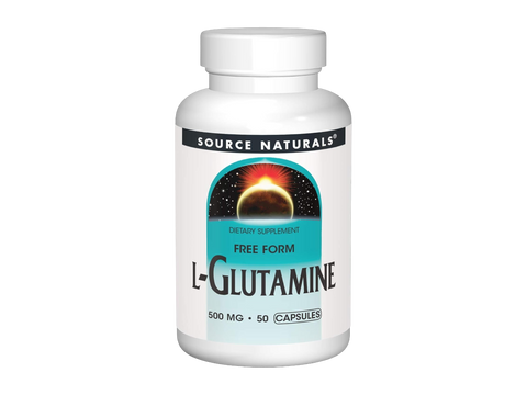 Bottle of Source Naturals L-Glutamine supplement on a white background