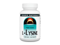 Supplement bottle labeled 'L-Lysine' by Source Naturals on a white background