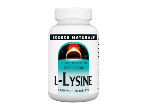 Supplement bottle labeled 'L-Lysine' by Source Naturals on a white background