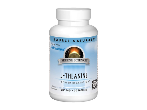Bottle of Source Naturals L-Theanine supplement on a white background