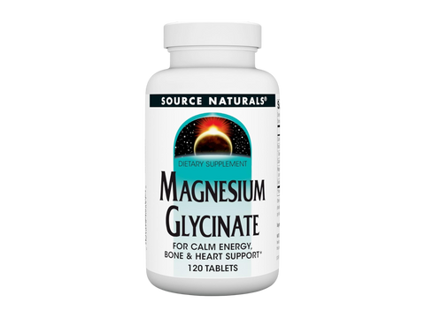 Bottle of Source Naturals Magnesium Glycinate supplement on a white background