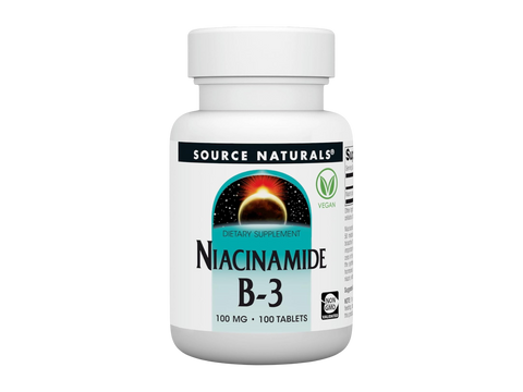 Bottle of Source Naturals Niacinamide B-3 supplement on a white background