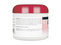 Back view of a white jar with a red lid containing skincare product ingredients on a white background