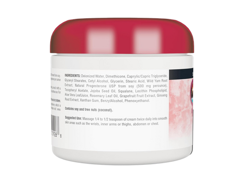Back view of a white jar with a red lid containing skincare product ingredients on a white background