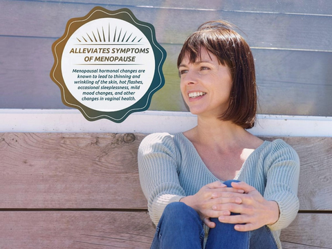 Woman sitting on a wooden bench with a text overlay about menopause symptoms.