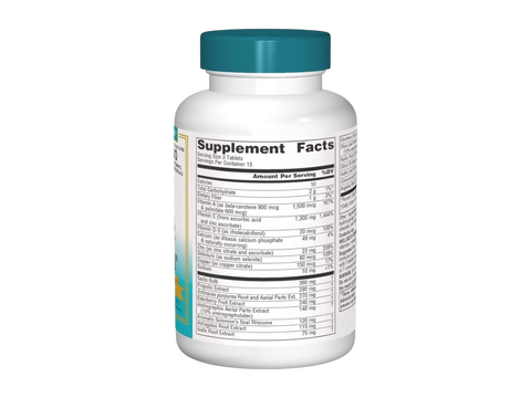 Supplement bottle with a blue cap and label on a white background