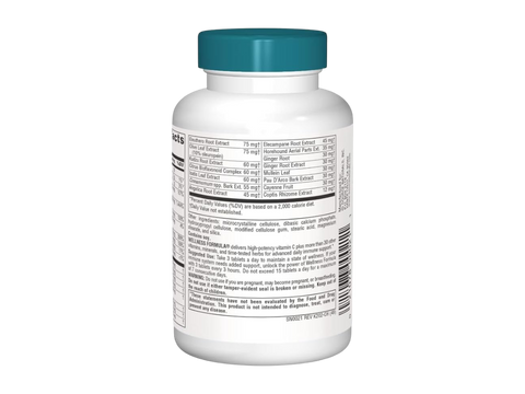 White supplement bottle with a blue cap on a white background