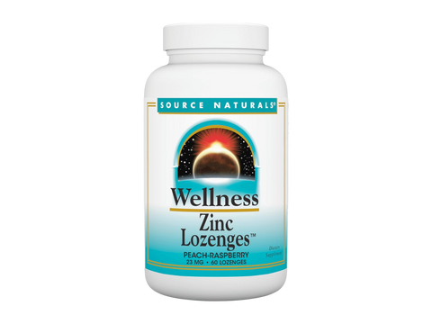 White bottle of Source Naturals Wellness Zinc Lozenges on a white background