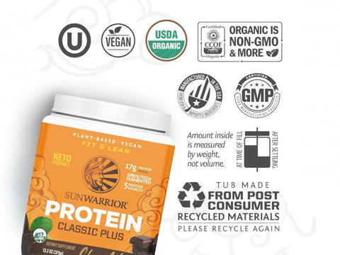 Sunwarrior Classic Plus Plant Protein, Organic Chocolate