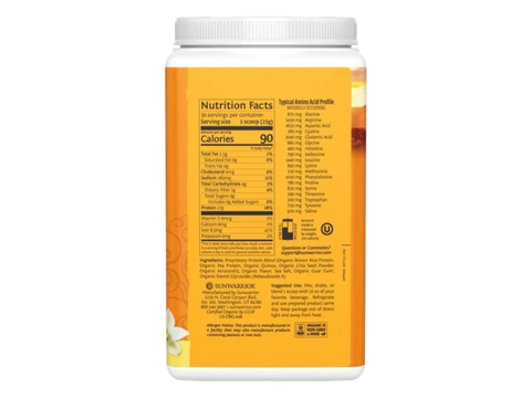 Back of Sunwarrior Classic Plant Protein powder showing organic ingredients.